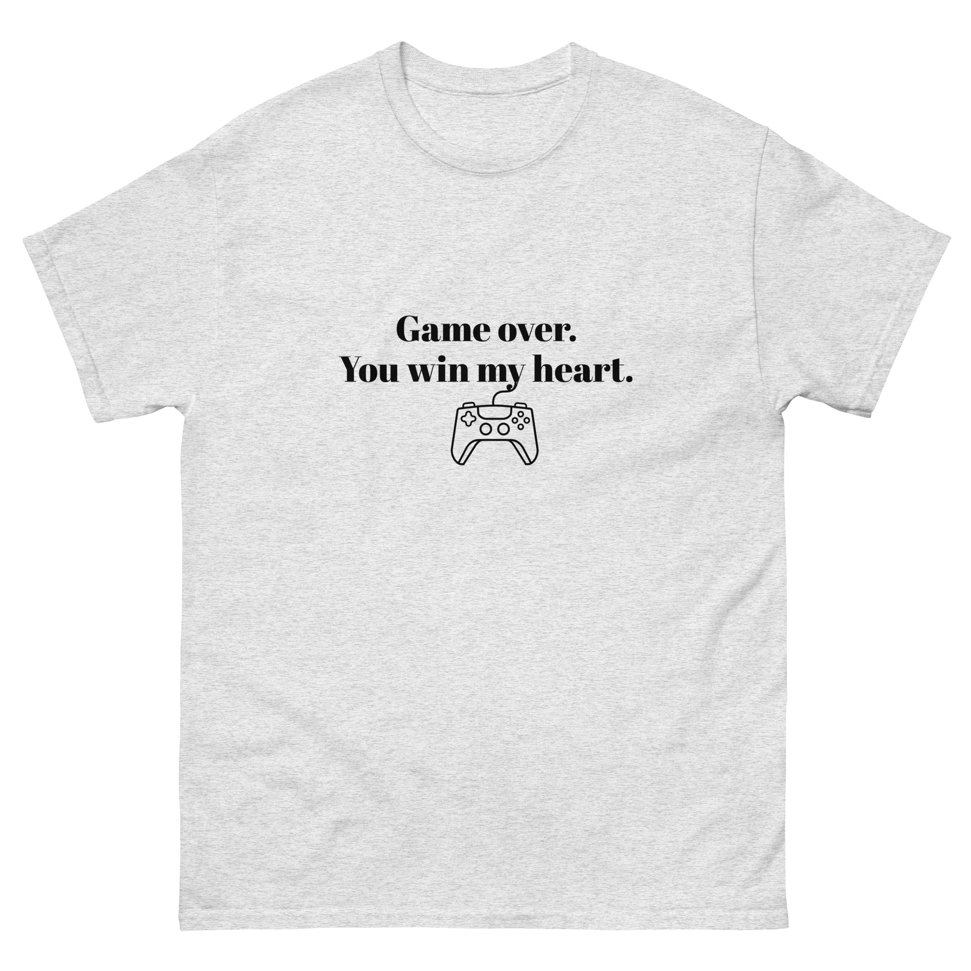 A t-shirt with black text and graphic design that reads “Game over. You win my heart.” and shows a game controller