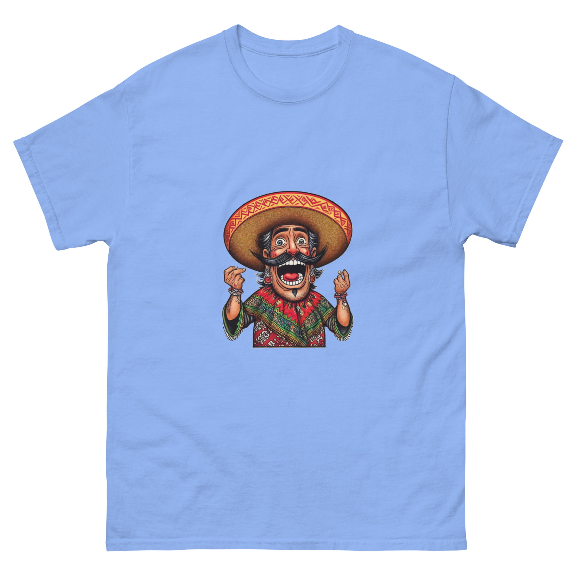 A humorous illustration of a loteria card with a blurred character in a sombrero and a shirt with colorful patterns. funny mexican loteria t shirt