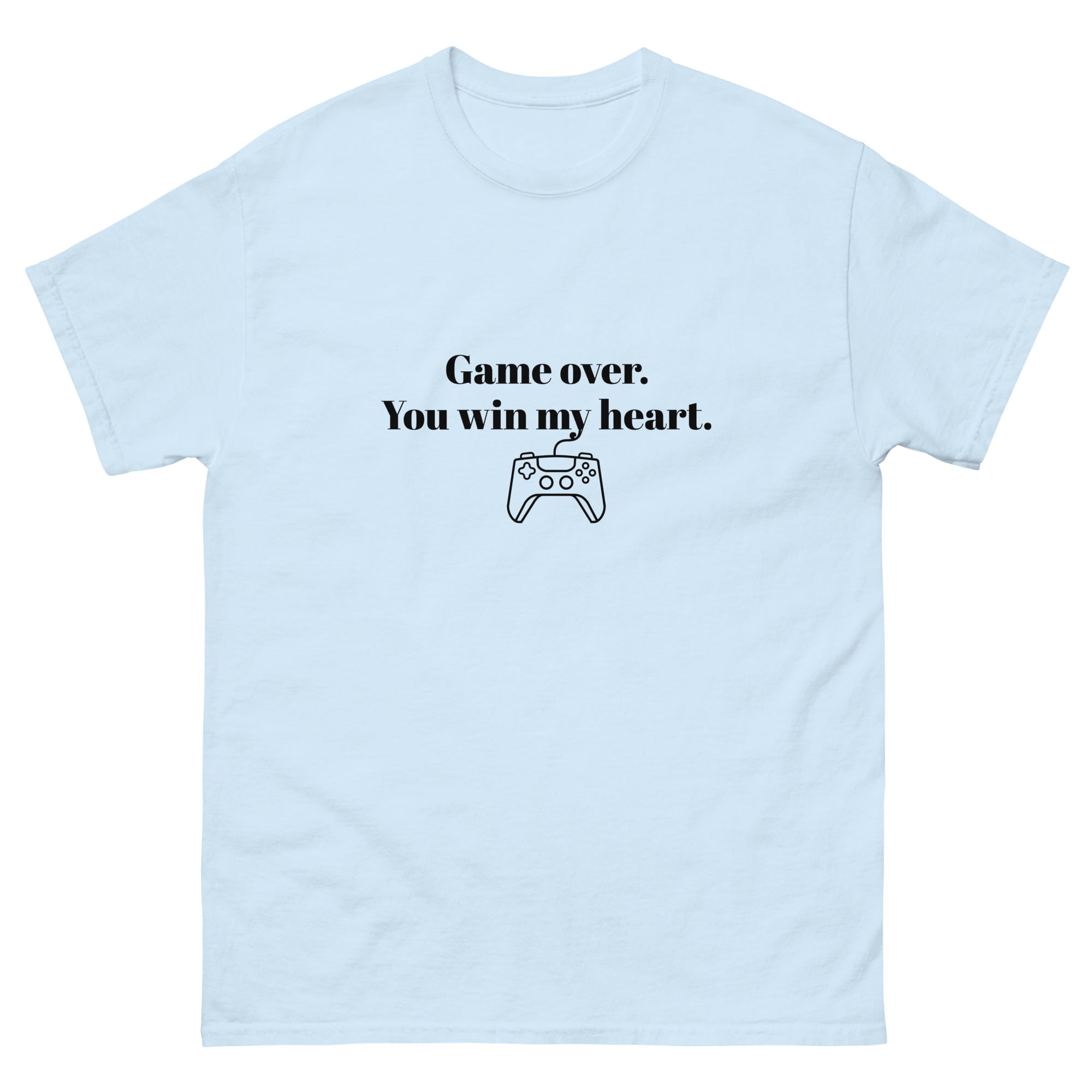 A t-shirt with black text and graphic design that reads “Game over. You win my heart.” and shows a game controller