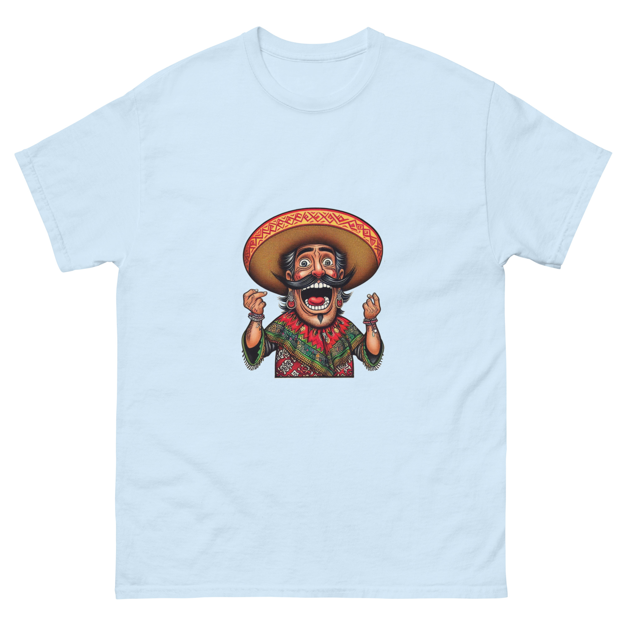 A humorous illustration of a loteria card with a blurred character in a sombrero and a shirt with colorful patterns. funny mexican loteria t shirt