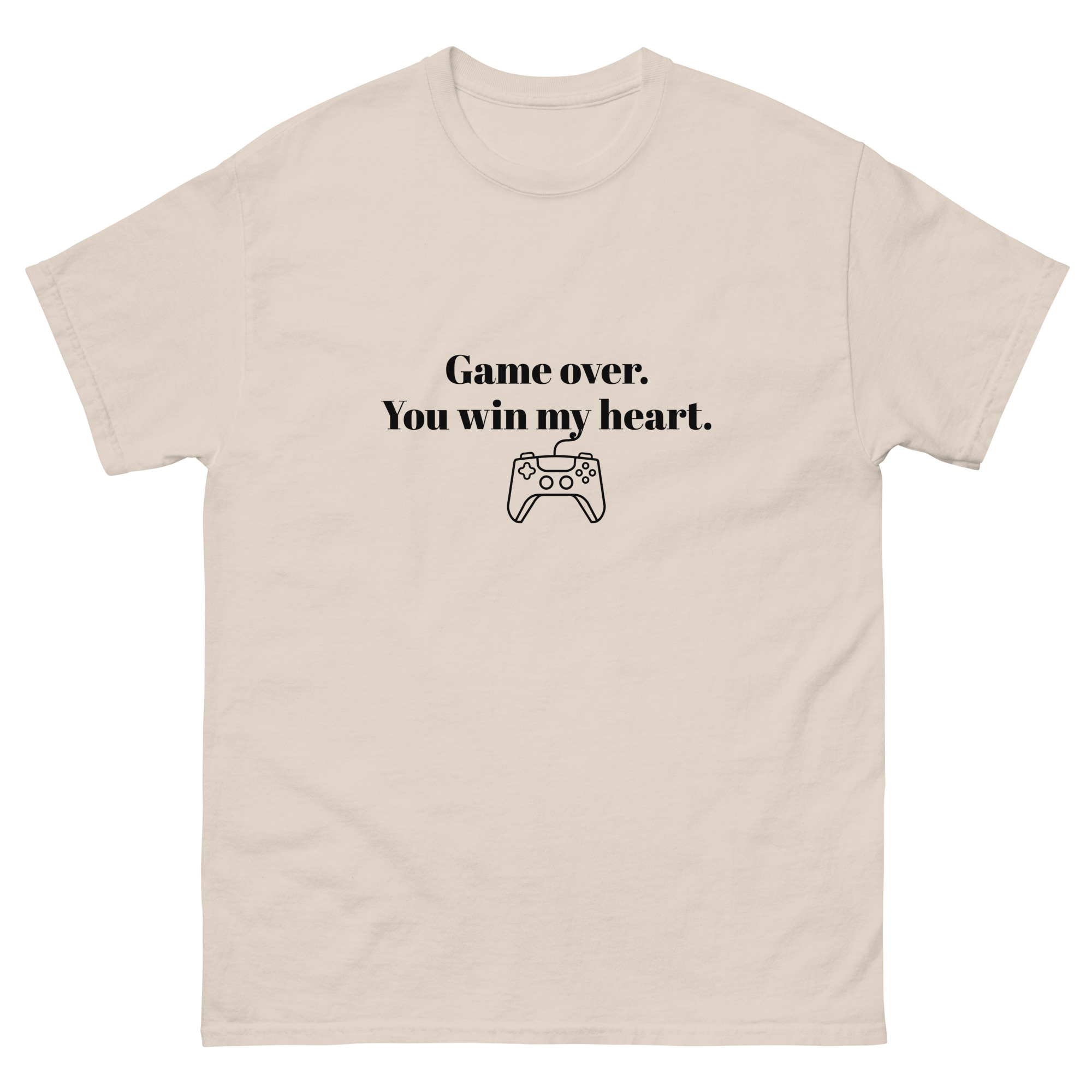 A t-shirt with black text and graphic design that reads “Game over. You win my heart.” and shows a game controller