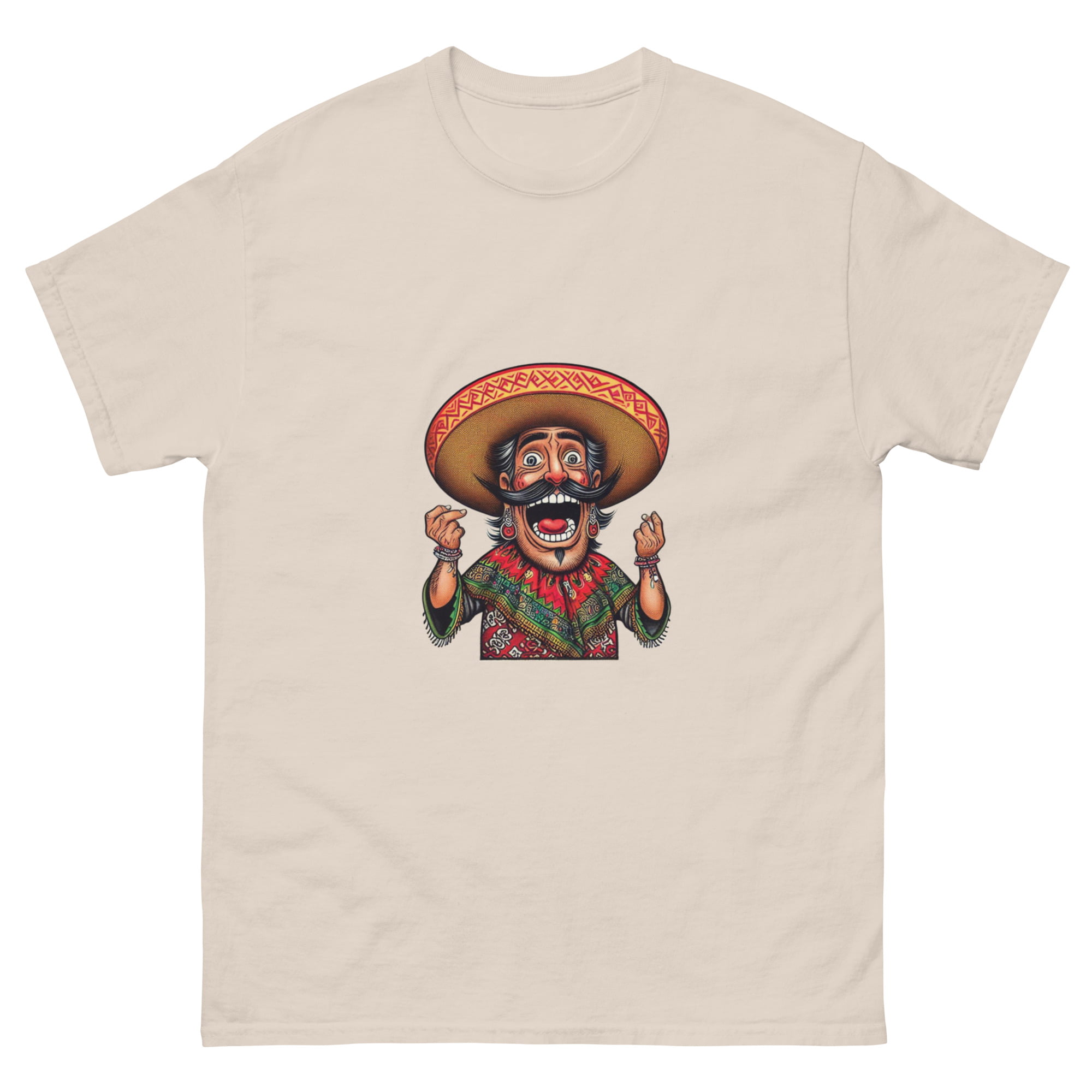 A humorous illustration of a loteria card with a blurred character in a sombrero and a shirt with colorful patterns. funny mexican loteria t shirt