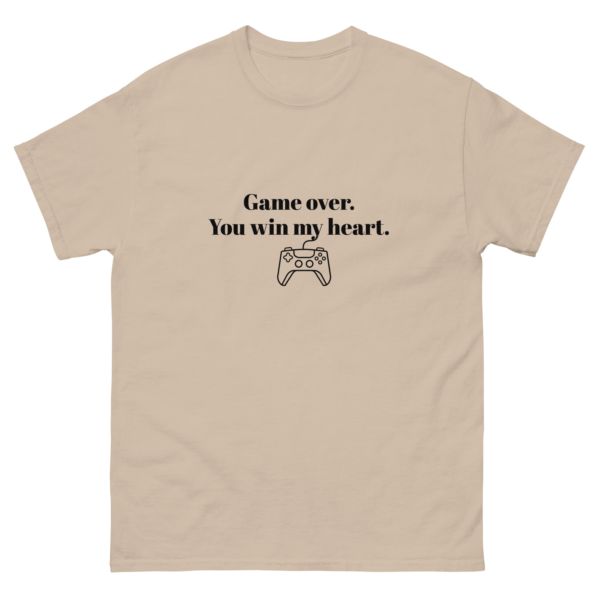 A t-shirt with black text and graphic design that reads “Game over. You win my heart.” and shows a game controller