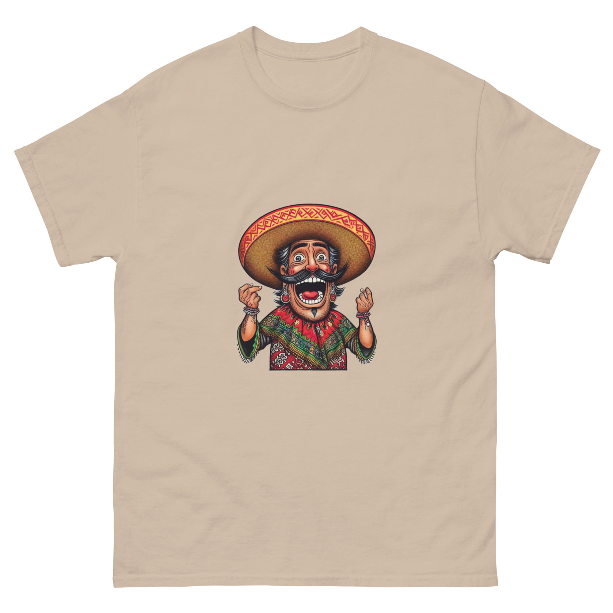 A humorous illustration of a loteria card with a blurred character in a sombrero and a shirt with colorful patterns. funny mexican loteria t shirt