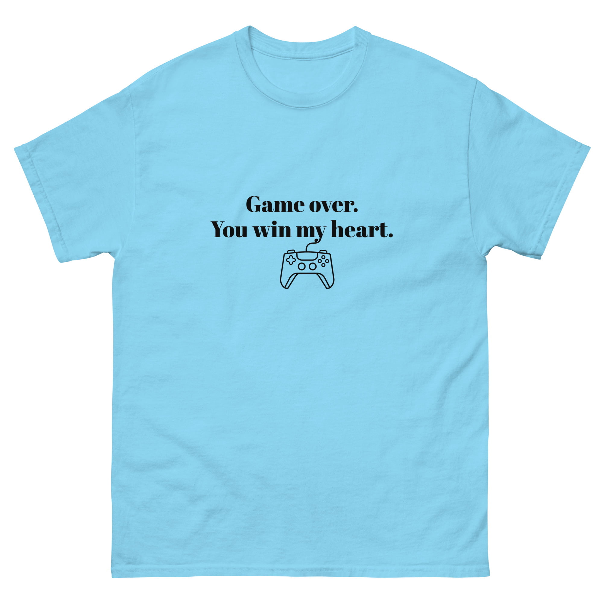 A t-shirt with black text and graphic design that reads “Game over. You win my heart.” and shows a game controller