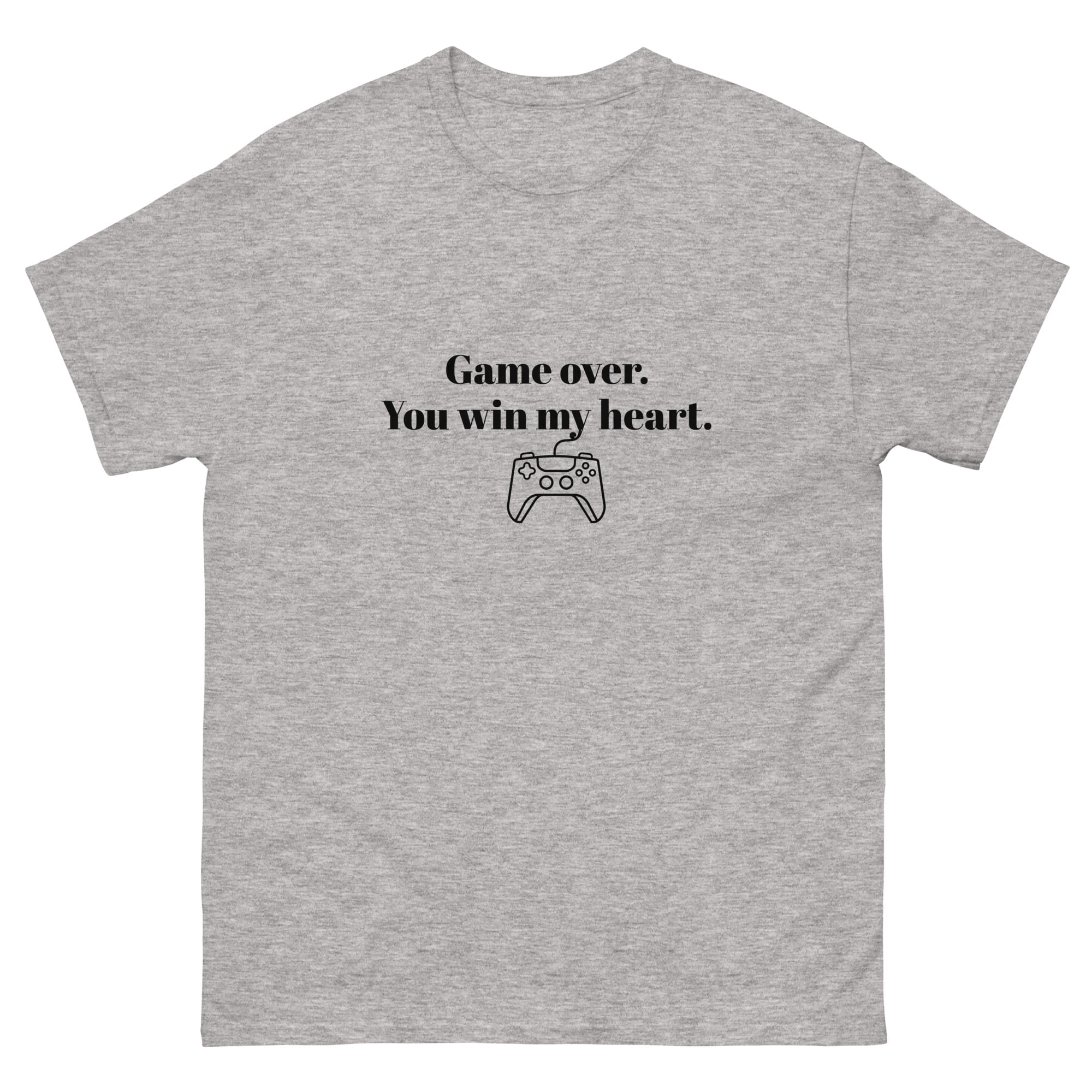 A t-shirt with black text and graphic design that reads “Game over. You win my heart.” and shows a game controller