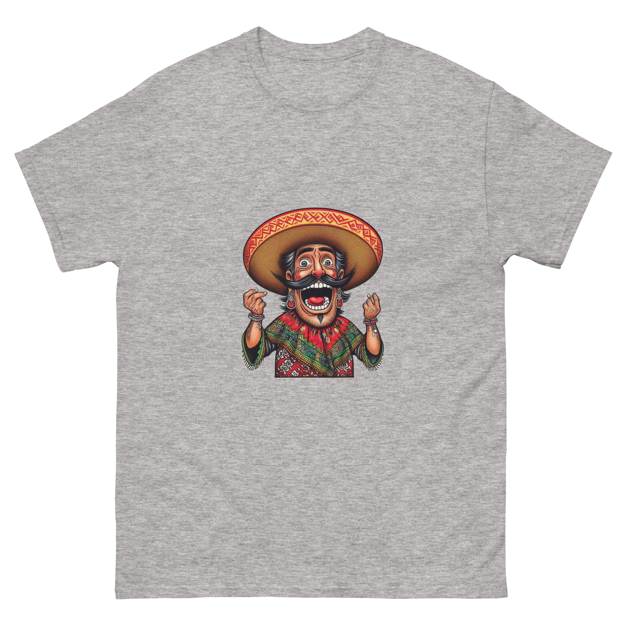 A humorous illustration of a loteria card with a blurred character in a sombrero and a shirt with colorful patterns. funny mexican loteria t shirt