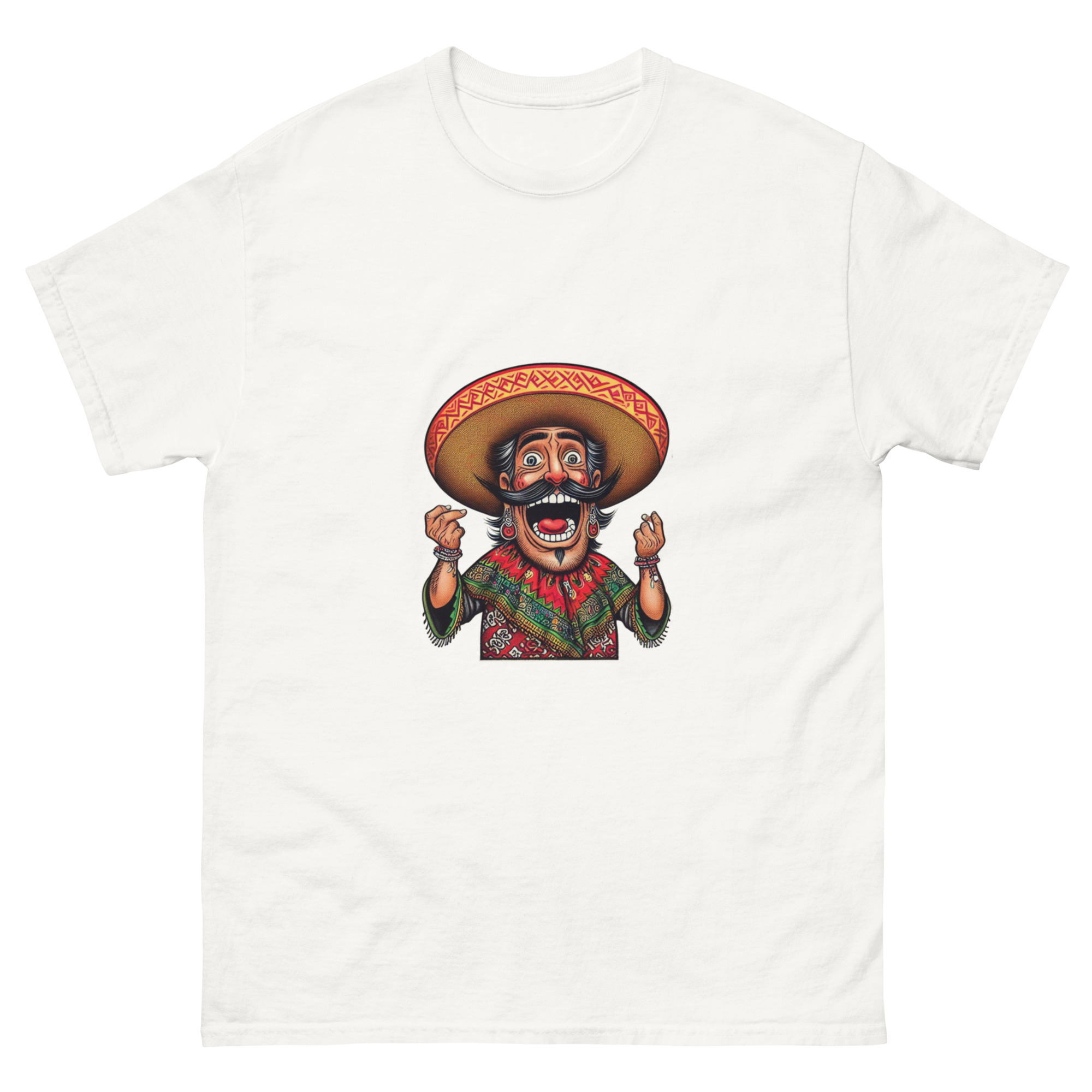 A humorous illustration of a loteria card with a blurred character in a sombrero and a shirt with colorful patterns. funny mexican loteria t shirt