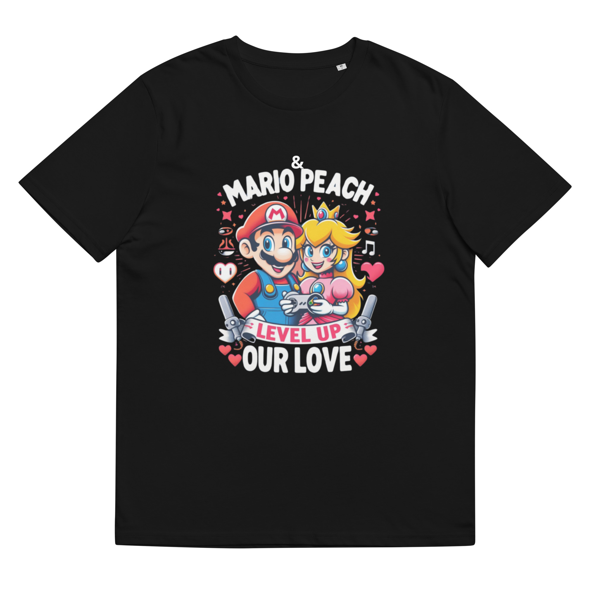 A black t-shirt with a graphic print of Mario and Peach, a gamer couple shirt for Valentine’s Day.