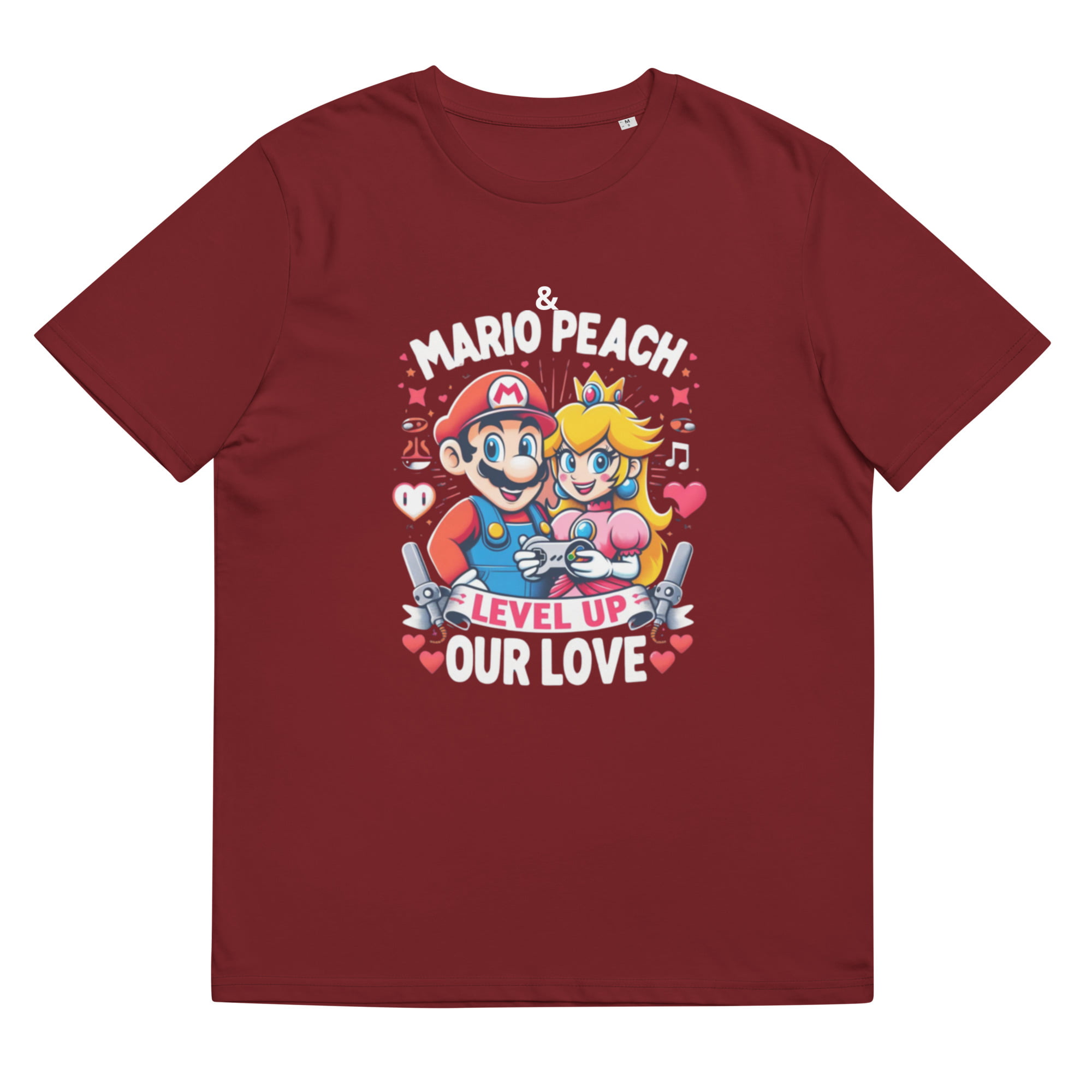 A t-shirt with a graphic print of Mario and Peach, a gamer couple shirt for Valentine’s Day.