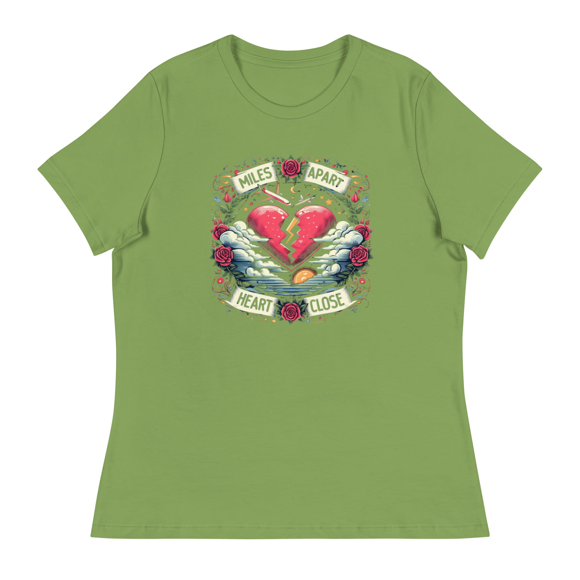 A t-shirt featuring a vibrant design of a split heart surrounded by roses and clouds with the text “Miles Apart, Heart Close”, symbolizing the unbreakable bond in long-distance relationships.